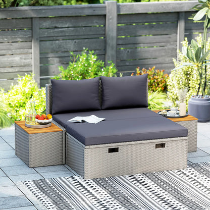 Nancy's Genazzano Loungebed - Ligbed - Tuinligstoel - Grijs - Acaciahout / Rotan