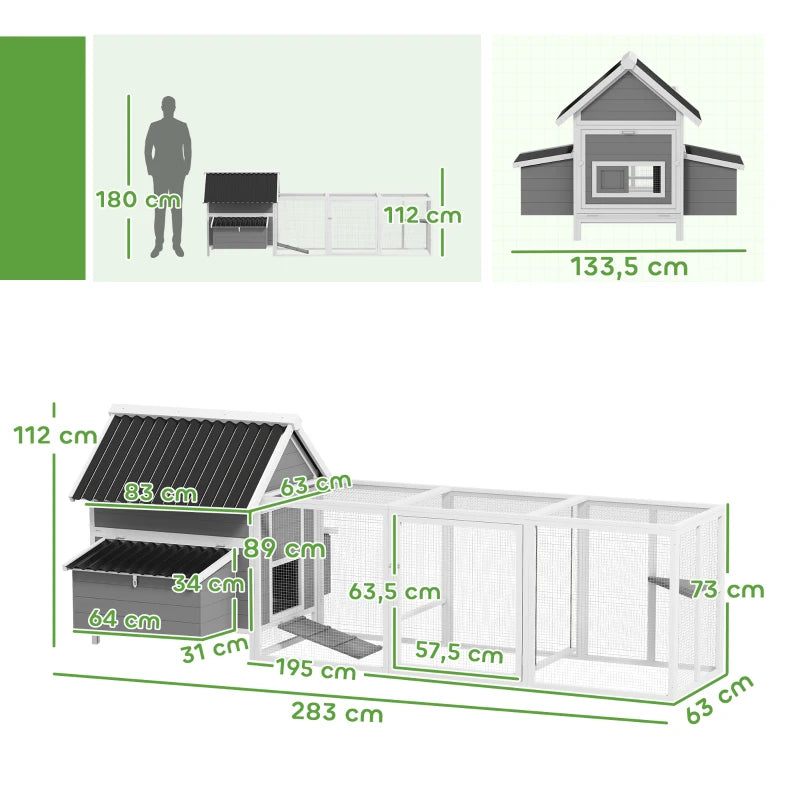 Nancy's Piverone Kippenhok - Kippenren - Wit / Grijs / Zwart - Dennenhout - ± 280 x 135 x 110 cm