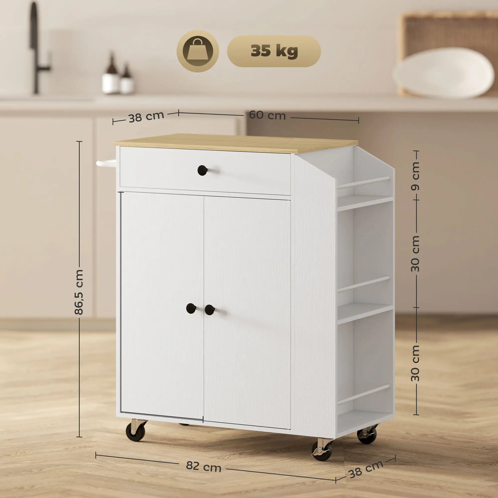 Nancy's Rendufe Trolley - Keukentrolley - Serveerwagen - Wit / Eik - ± 80 x 40 x 85 cm