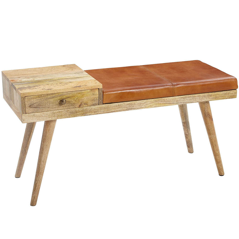 Nancy's Fruita Bank - Zitbank - Lade - Massief Hout - Mangohout - Geitenleer - Bruin - 100 x 38 x 52 cm