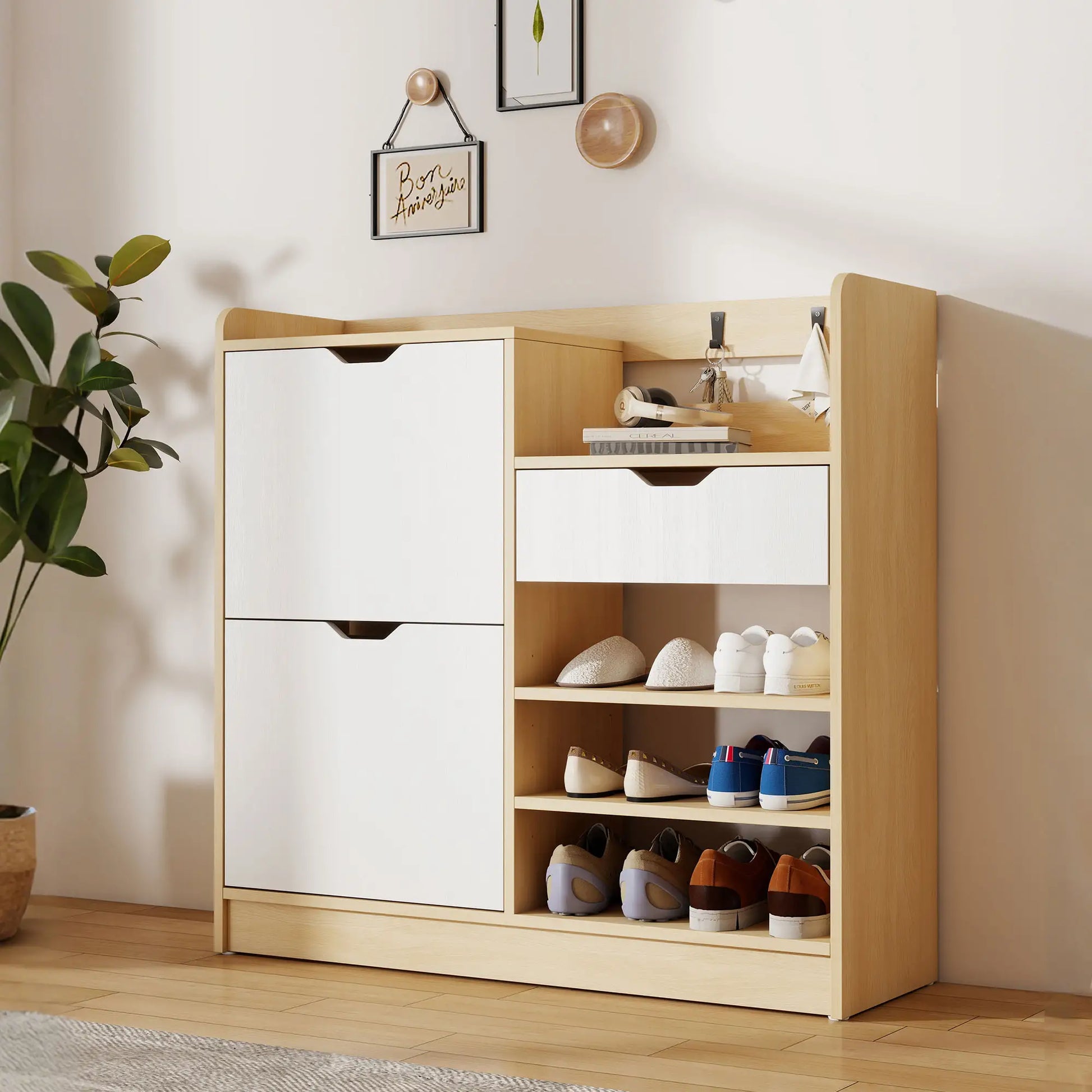 Nancy's Maleo Schoenenkast - Opbergkast voor schoenen - Schoenenrek - Naturel - ± 90 x 30 x 90 cm