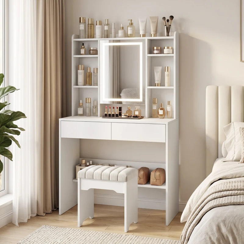 Nancy's Valleve Kaptafel - Make Up Tafel - Make-Up Tafel met Spiegel - LED-Verlichting - Wit ± 90 x 40 x 145 cm