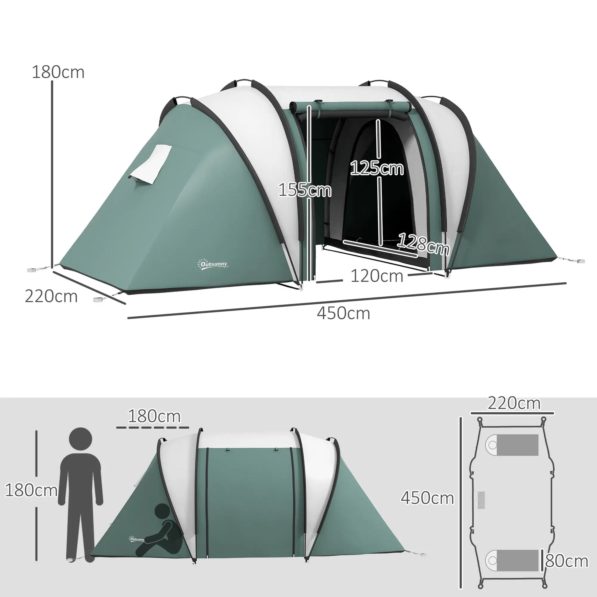 Nancy's Garlenda Kampeertent - Campingtent - 2-Slaapkamer Woontent - Waterdicht - Groen- 450 x 220 x 180 cm
