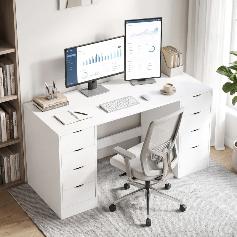 Nancy's Trecate Bureau - 8 Lades - Ruim werkblad - Wit - Spaanplaat / MDF - ± 140 x 55 x 75 cm