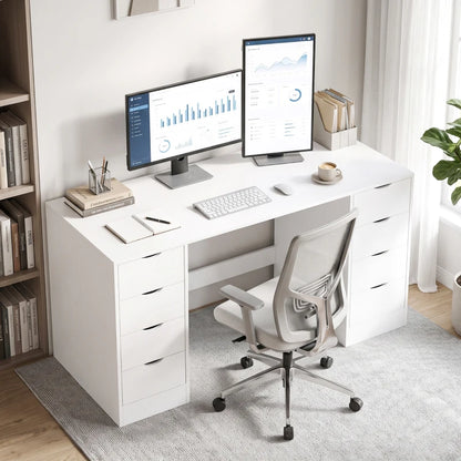 Nancy's Trecate Bureau - 8 Lades - Ruim werkblad - Wit - Spaanplaat / MDF - ± 140 x 55 x 75 cm