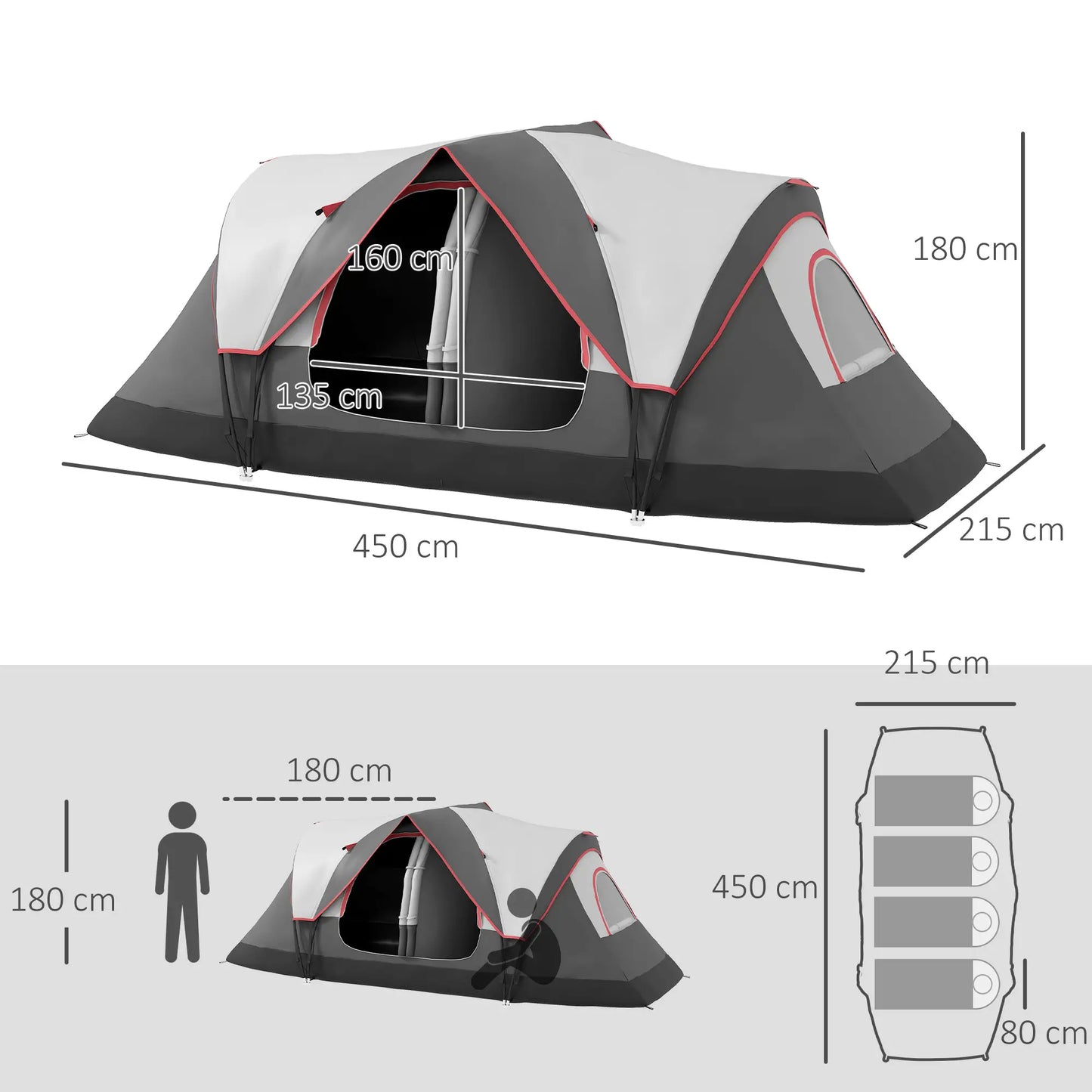 Nancy's Dumenza Kampeertent - 6-Persoons Campingtent - 2 Slaapkamers - Grijs - 450 x 215 x 180 cm