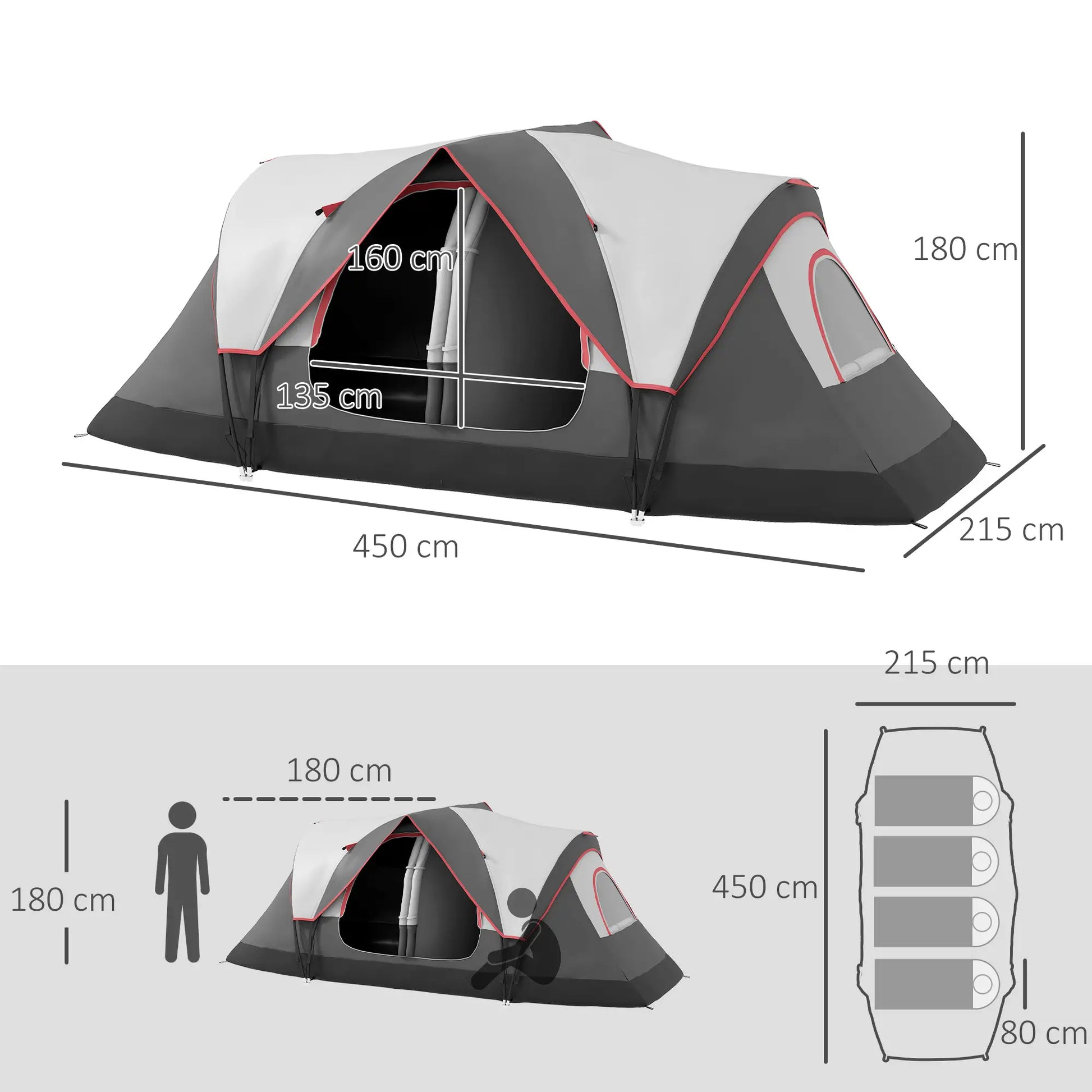Nancy's Dumenza Kampeertent - 6-Persoons Campingtent - 2 Slaapkamers - Grijs - 450 x 215 x 180 cm