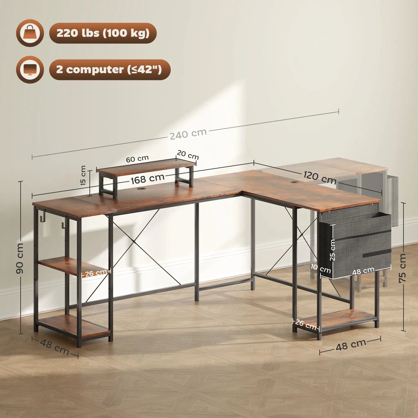 Nancy's Palmeira Bureau - Computertafel - L-vormig - Veelzijdig bureau met verstelbare planken - Monitorstandaard - Bruin