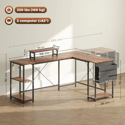 Nancy's Palmeira Bureau - Computertafel - L-vormig - Veelzijdig bureau met verstelbare planken - Monitorstandaard - Bruin