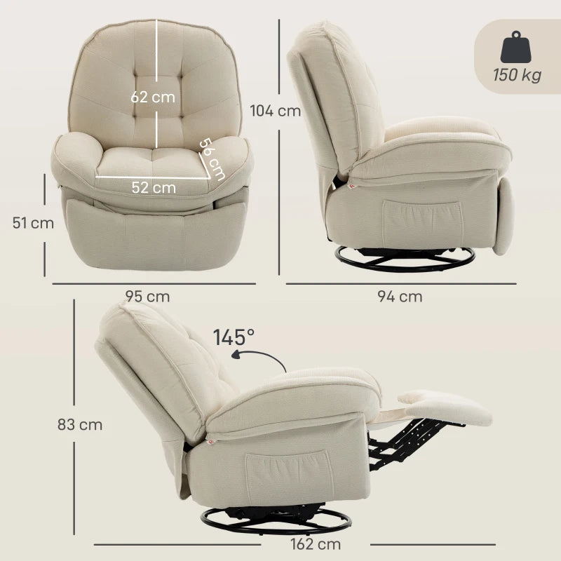 Nancy's Teolo Lounge Fauteuil - Relax Stoel - Loungestoel - Draai-, schommel en ligfunctie - Crèmewit - Chenille