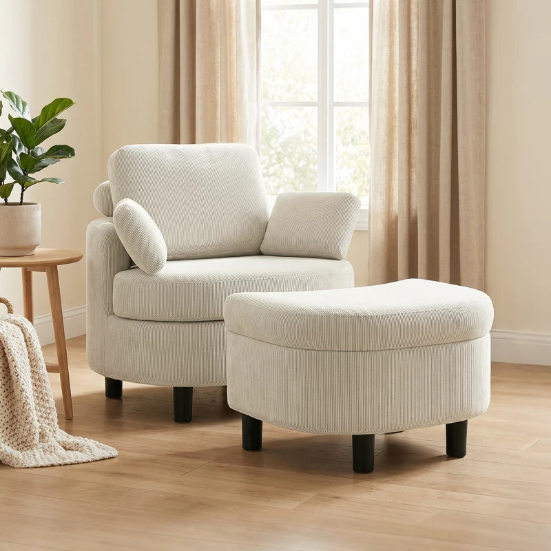 Nancy's Terenten Lounge Fauteuil - Relaxfauteuil - Loungestoel - Inclusief Voetenbankje - Verstelbaar - Crèmewit - Corduroy look