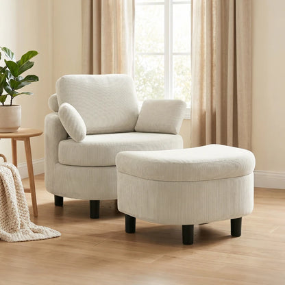 Nancy's Terenten Lounge Fauteuil - Relaxfauteuil - Loungestoel - Inclusief Voetenbankje - Verstelbaar - Crèmewit - Corduroy look