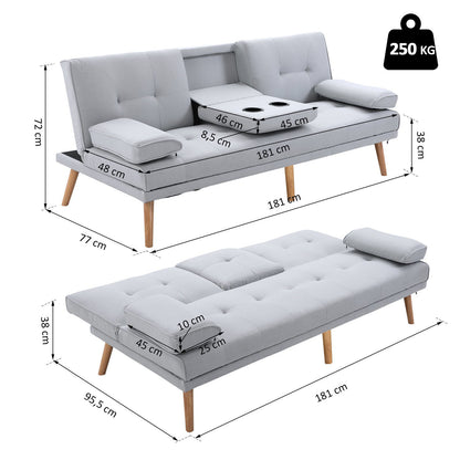 Canapé-lit Nancy's Bellevue - Canapé 3 places - lit d'appoint pliant - canapé en tissu aspect lin - canapé-lit avec porte-gobelet, au design Scandi, gris clair
