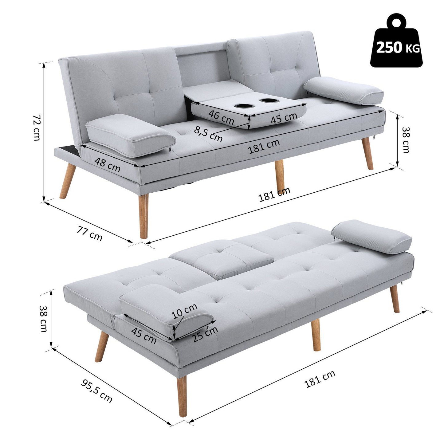 Nancy's Bellevue Slaapbank - 3-zitsbank - Logeerbed opklapbaar - Bekerhouder - Linnenlook / Stof - Lichtgrijs - ± 180 x 80 x 80 cm