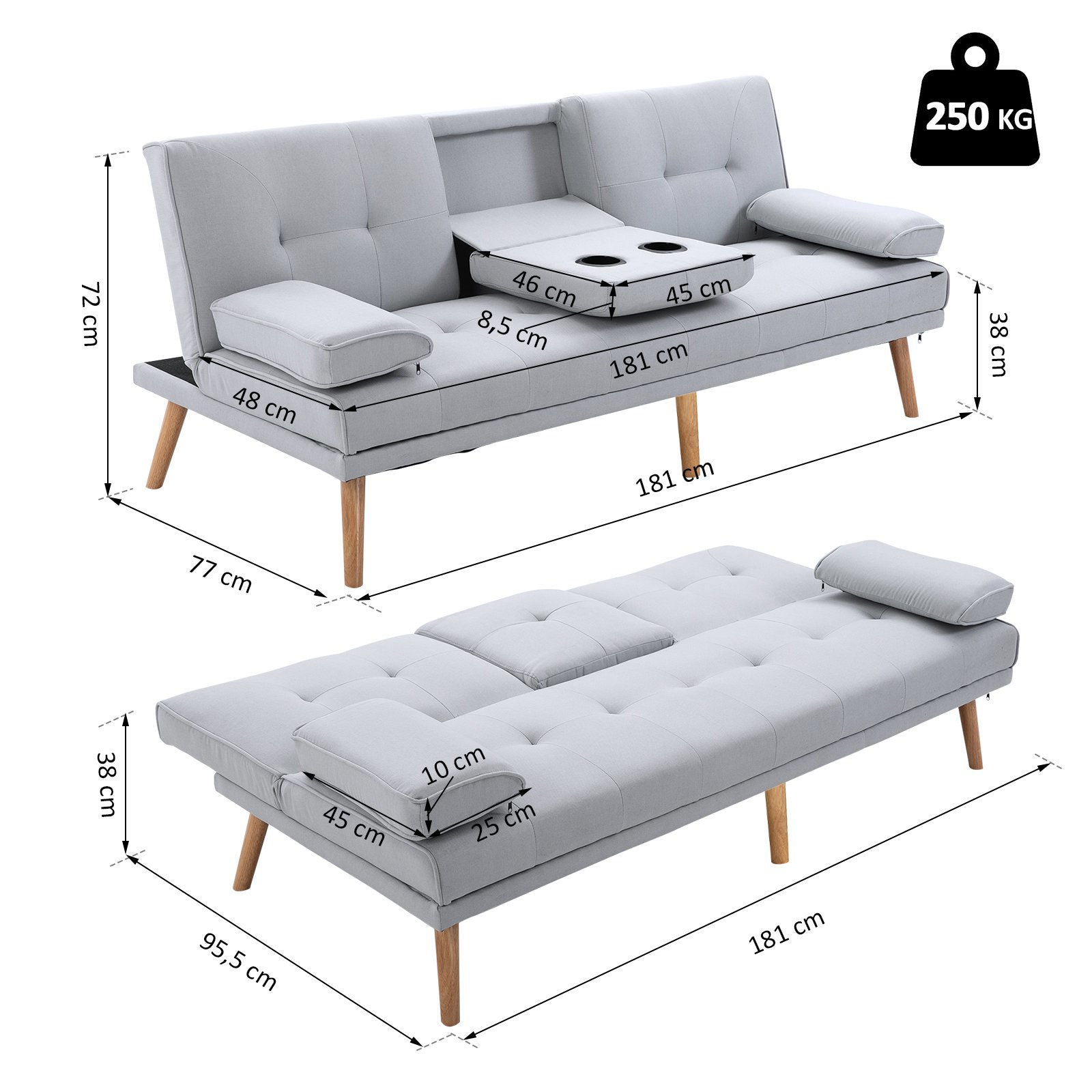 Nancy's Bellevue Slaapbank - 3-zitsbank - Logeerbed opklapbaar - Bekerhouder - Linnenlook / Stof - Lichtgrijs - ± 180 x 80 x 80 cm