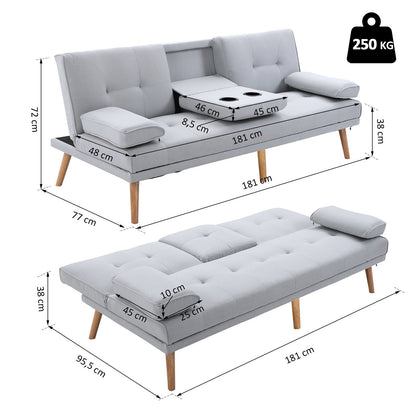 Nancy's Bellevue Slaapbank - 3-zitsbank - Logeerbed opklapbaar - Bekerhouder - Linnenlook / Stof - Lichtgrijs - ± 180 x 80 x 80 cm