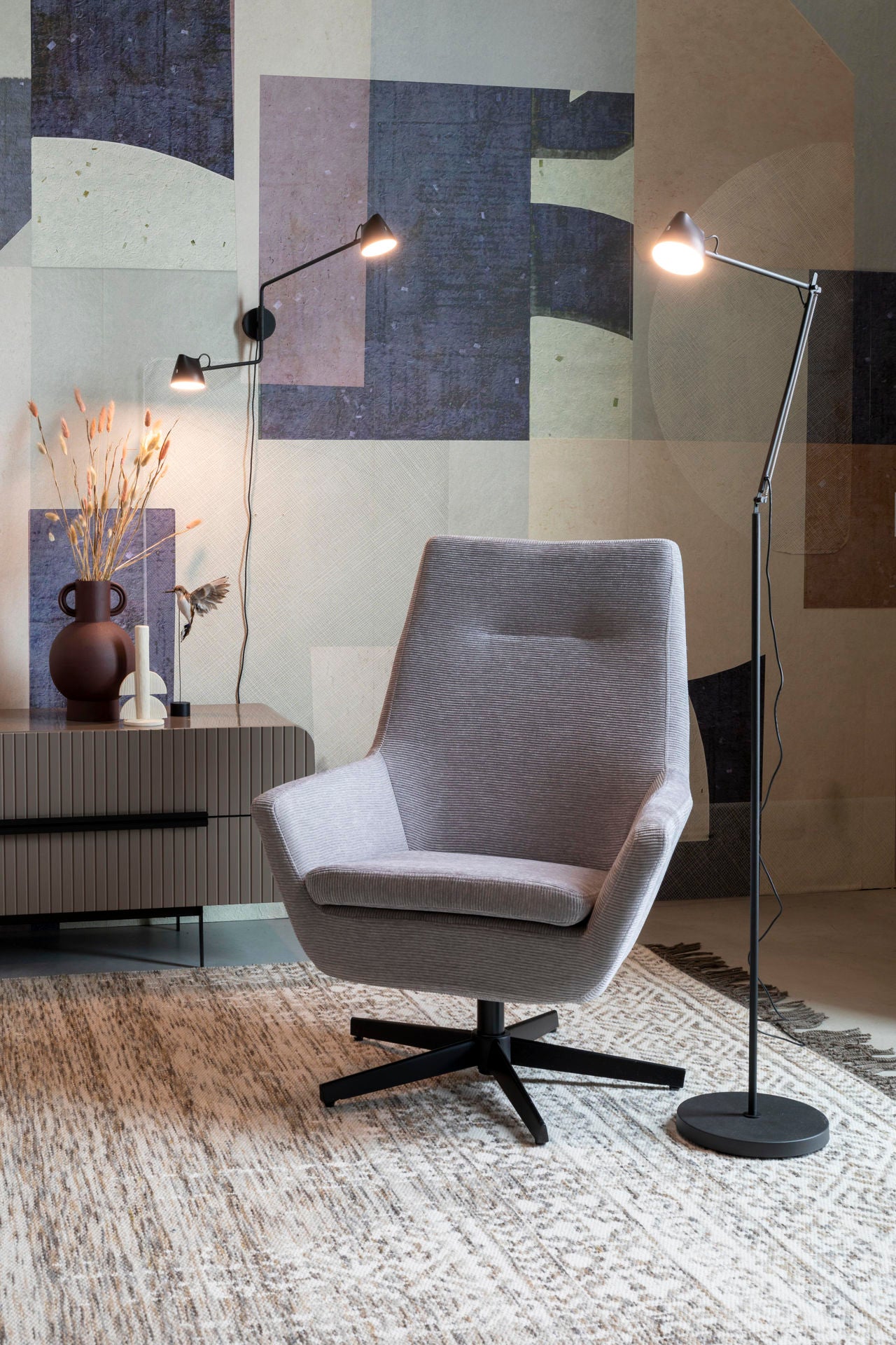 Nancy's Beachwood Lounge Chair - Industrieel - Lichtgrijs, Zwart - Polyester, Multiplex, IJzer - 79 cm x 76 cm x 98 cm