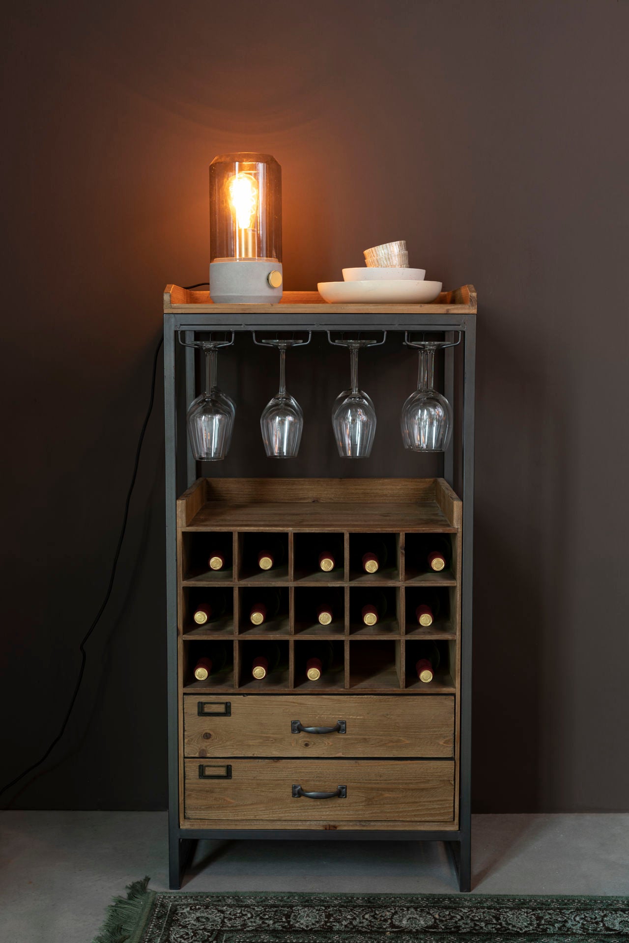Nancy's Westwood Lakes Drankenkast - Opbergkast - Wandkast - Bruin - Dennenhout / Staal - ± 55 x 40 x 110 cm
