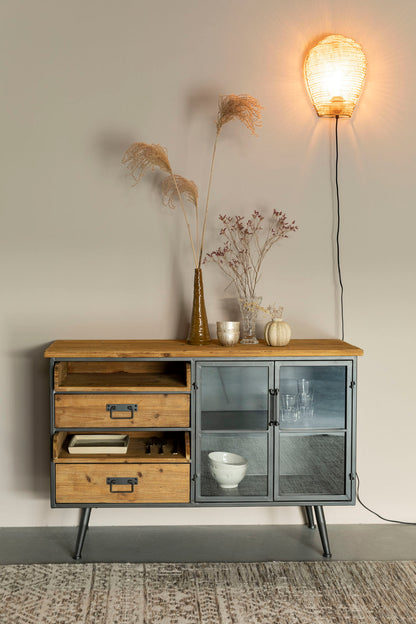 Nancy's Waipio Dressoir - Industrieel - Bruin- Mdf, IJzer, Glas - 40 cm x 113 cm x 75 cm