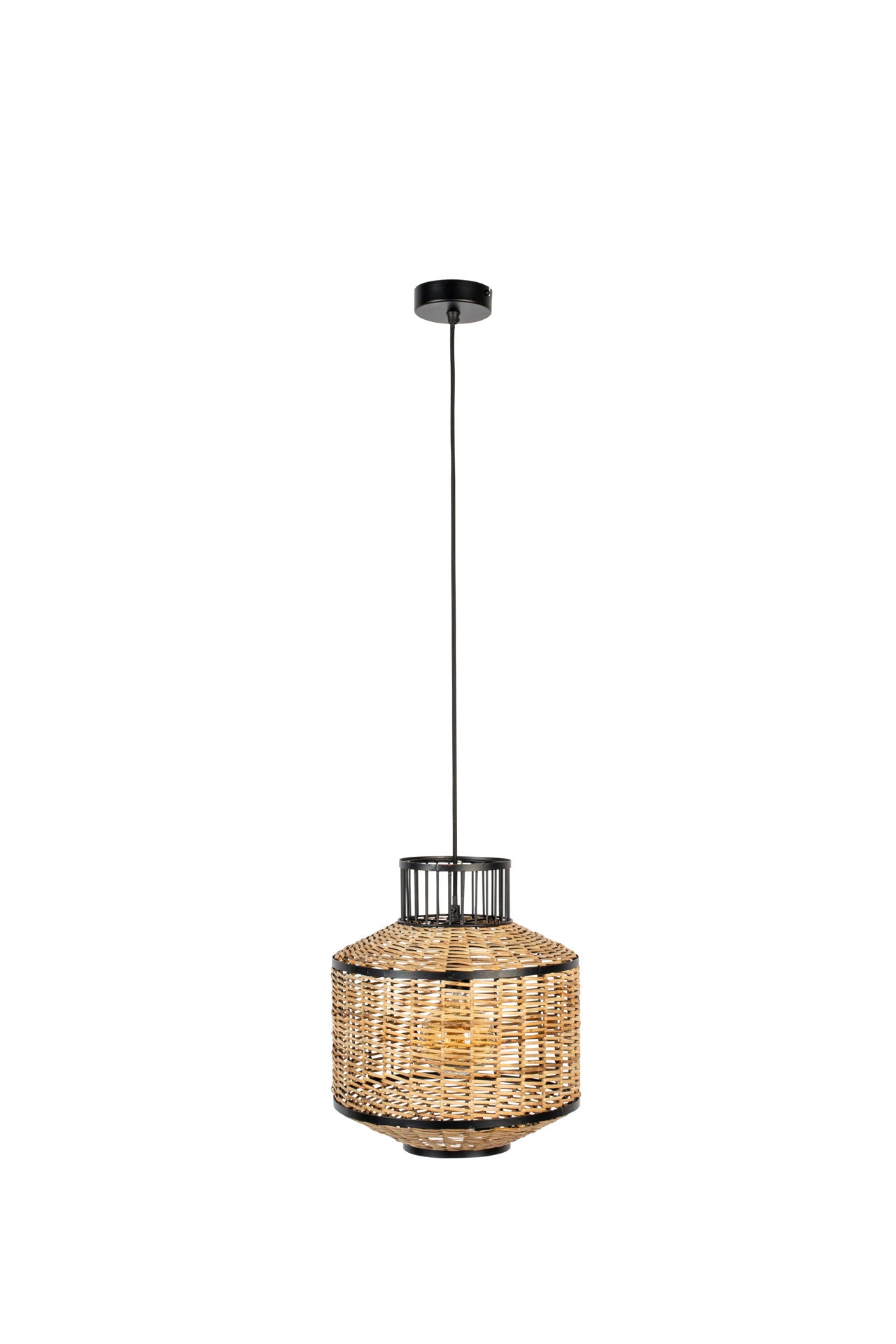 Lampe suspendue Nancy's Collegedale - Moderne - Noir, Naturel, Marron - Acier, Osier, PVC - 30 cm x 30 cm x 145 cm