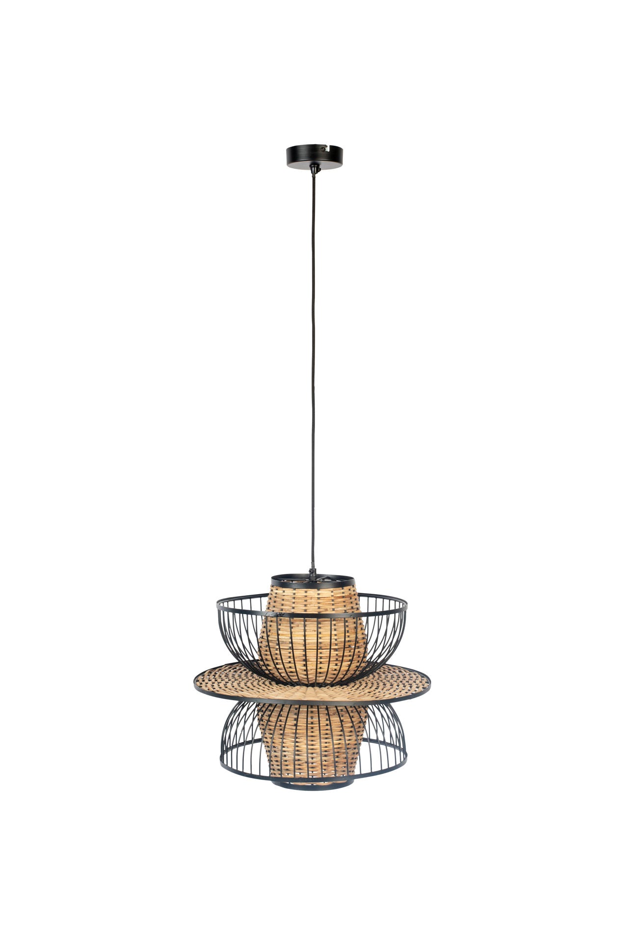 Nancy's Viera West Hanglamp - Modern - Zwart, Naturel, Bruin - Staal, Riet, Pvc - 40 cm x 40 cm x 145 cm