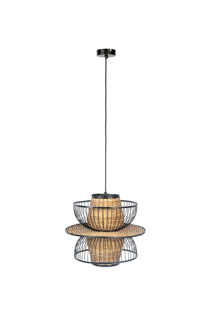 Nancy's Viera West Hanglamp - Modern - Zwart, Naturel, Bruin - Staal, Riet, Pvc - 40 cm x 40 cm x 145 cm