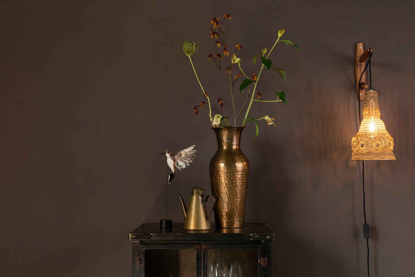 Nancy's Pleasant View Wall Lamp - Modern - Brown, Natural, Black - Iron, Mango Wood, Polyester - 18 cm x 17 cm x 47 cm
