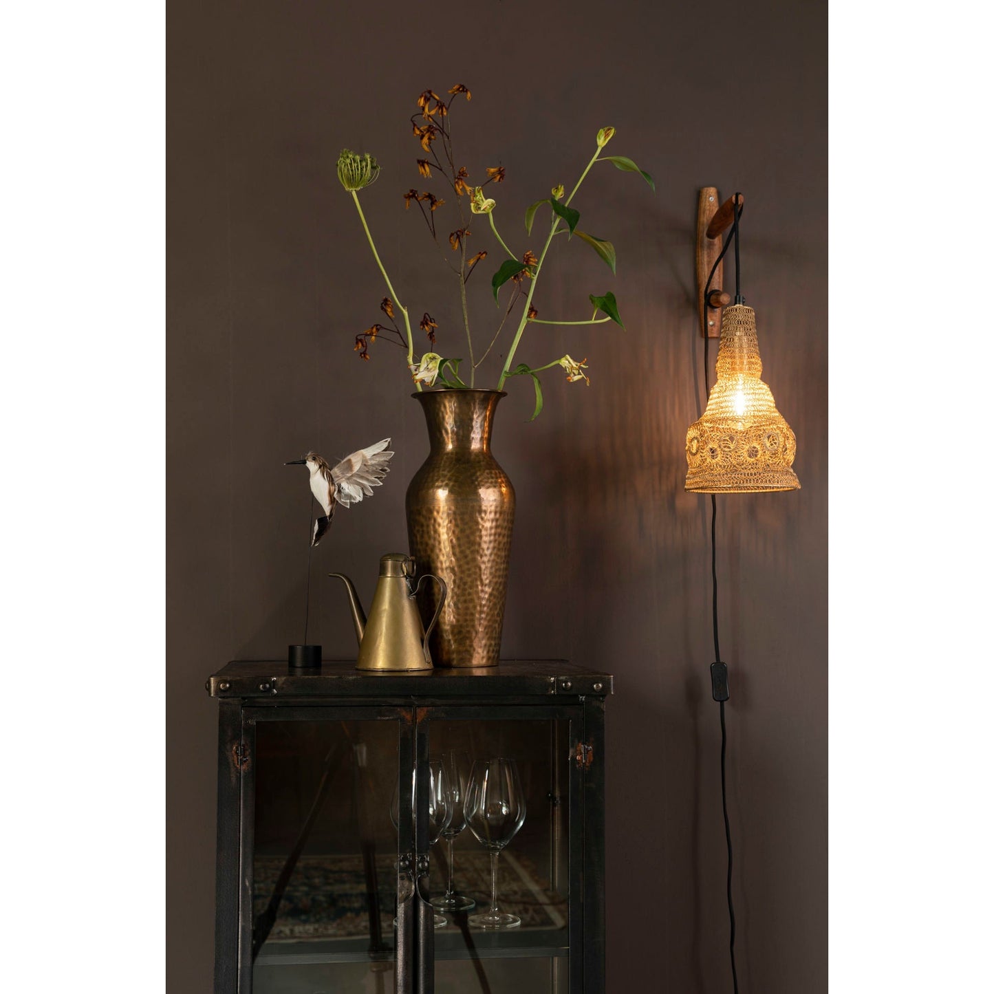 Nancy's Pleasant View Wall Lamp - Modern - Brown, Natural, Black - Iron, Mango Wood, Polyester - 18 cm x 17 cm x 47 cm