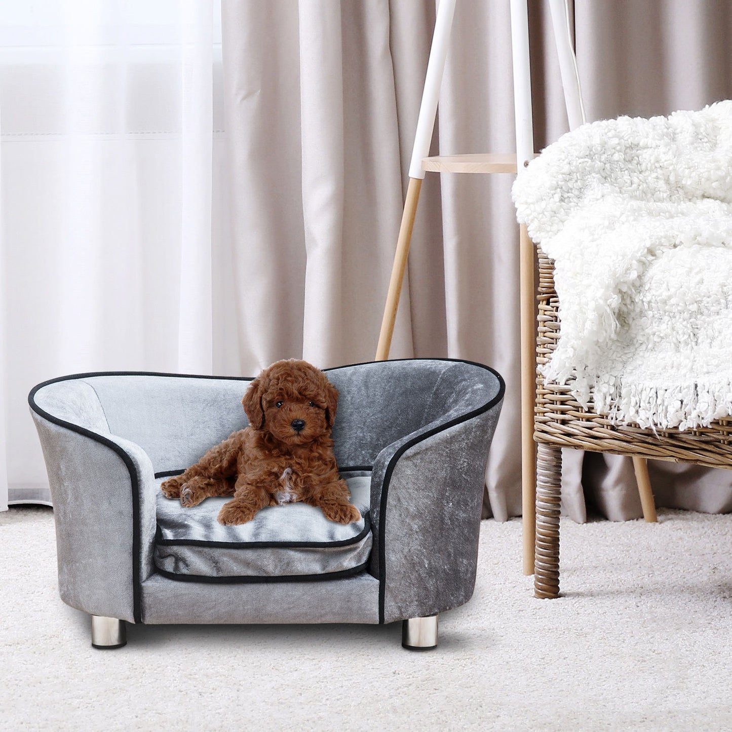 Nancy's Blumenfeld Luxury Dog Sofa, lit pour chien, panier pour chien lavable, housse en peluche, cadre en bois naturel