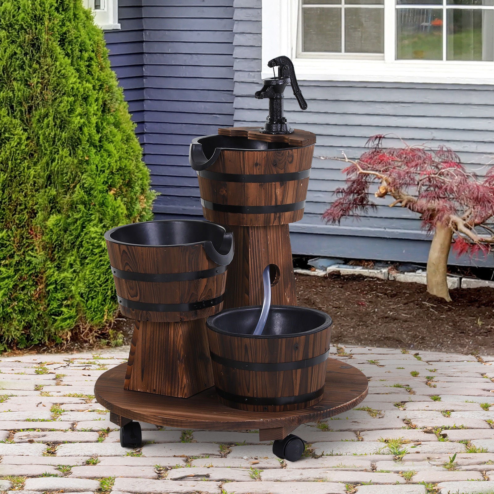 Nancy's Progresso Classic Wooden Barrel Fountain - Charred Wood - Fir, Steel, Plastic - 23.62 cm x 23.62 cm x 30.7 cm