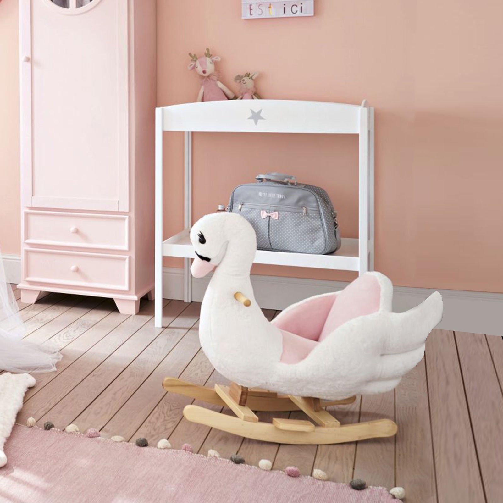 Nancy's Central Rocking Animal Swan - Roze, Wit - Pluche, Hout, Staal - L60 x B32 x H55 cm
