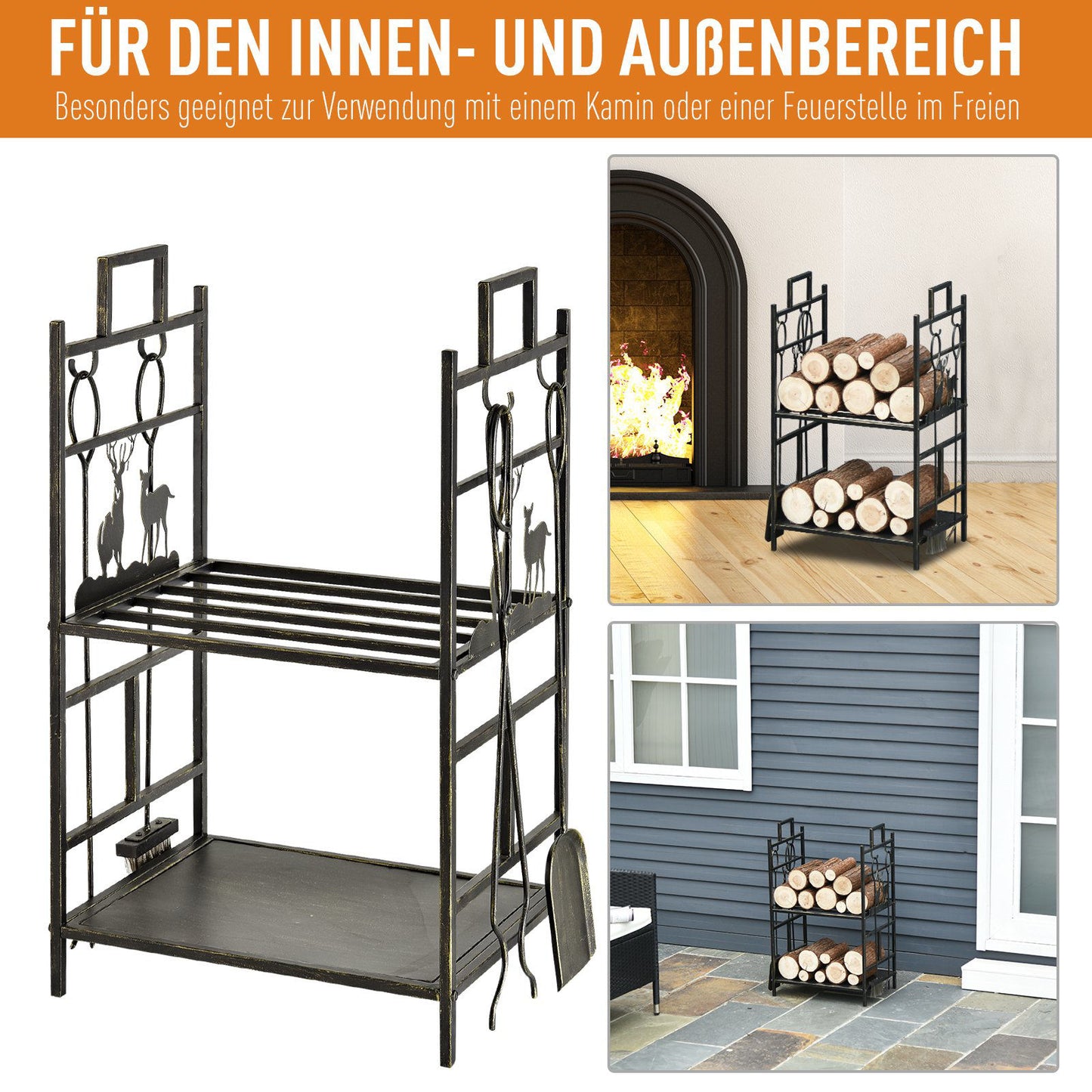 Nancy's Cowpen Haardhoutrek met Haardgereedschap IJzer Goud