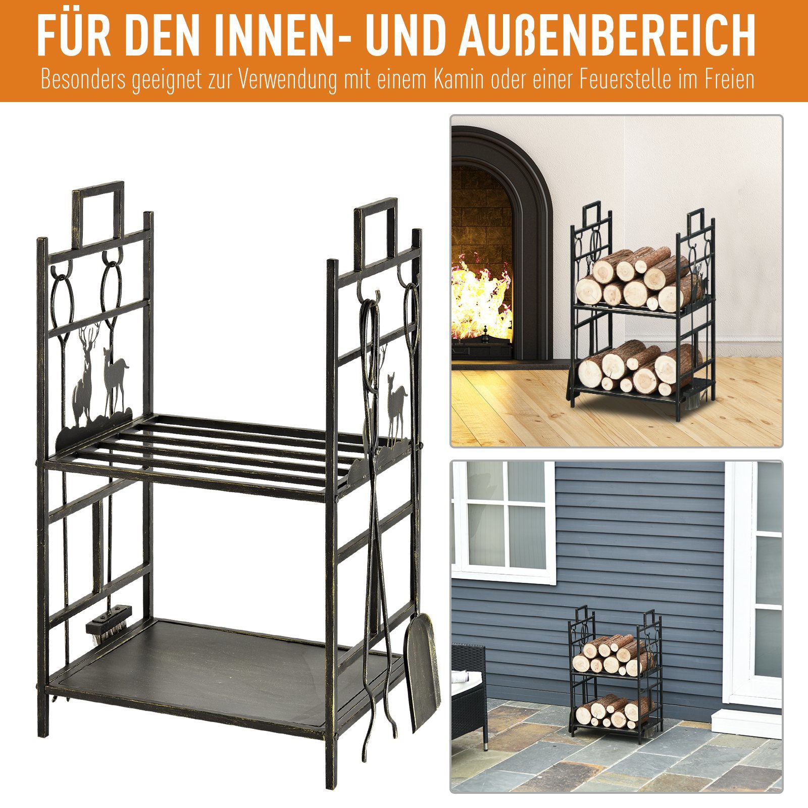 Nancy's Cowpen Haardhoutrek met Haardgereedschap IJzer Goud