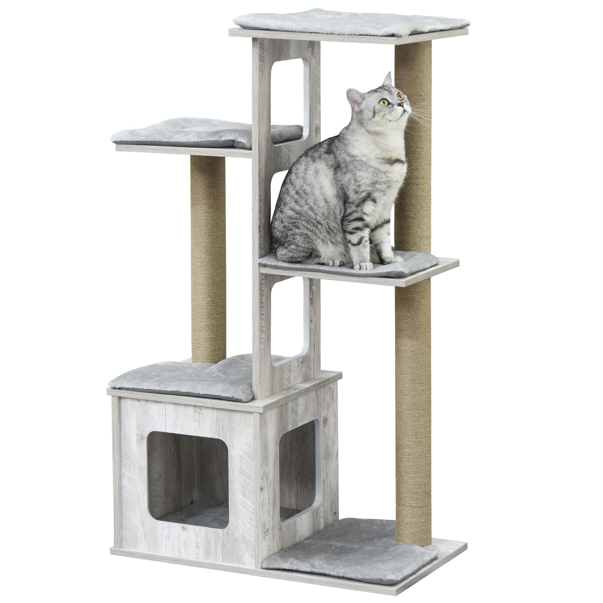 Nancy's Old Bank cat scratching post with cat house, cat furniture with multi-level cat activity center