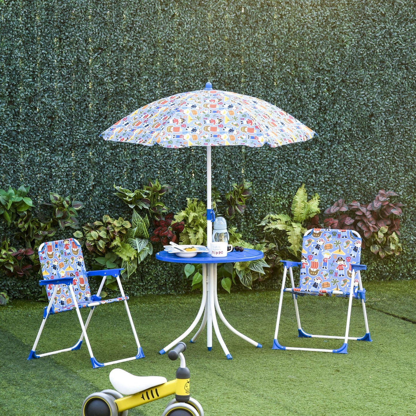 Nancy's Jalacte 4-delige kinderset tuintafel 2 klapstoelen parasol camping kinderzitset tuinmeubilair voor 3-5 jaar blauw