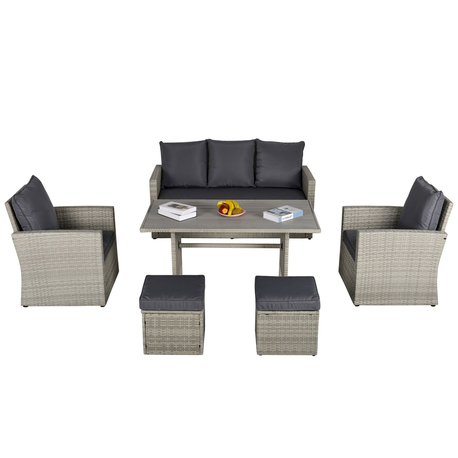 Nancy's Round Cay Lounge set - Dining table set - Garden table set - Gray - Steel, Pe Rattan, Polyester