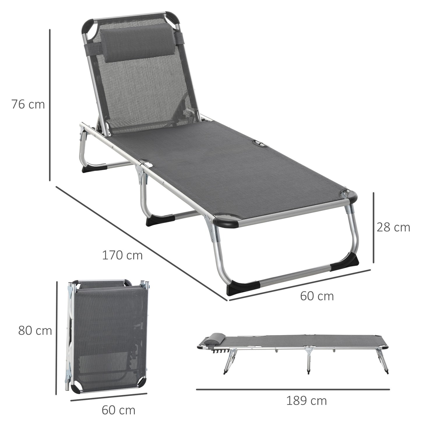 Nancy's Devil Head Garden Ligbed - Loungebed- Ligstoel - Grijs - Aluminium, Texteline - 66,92 cm x 23,62 cm x 7,67 cm