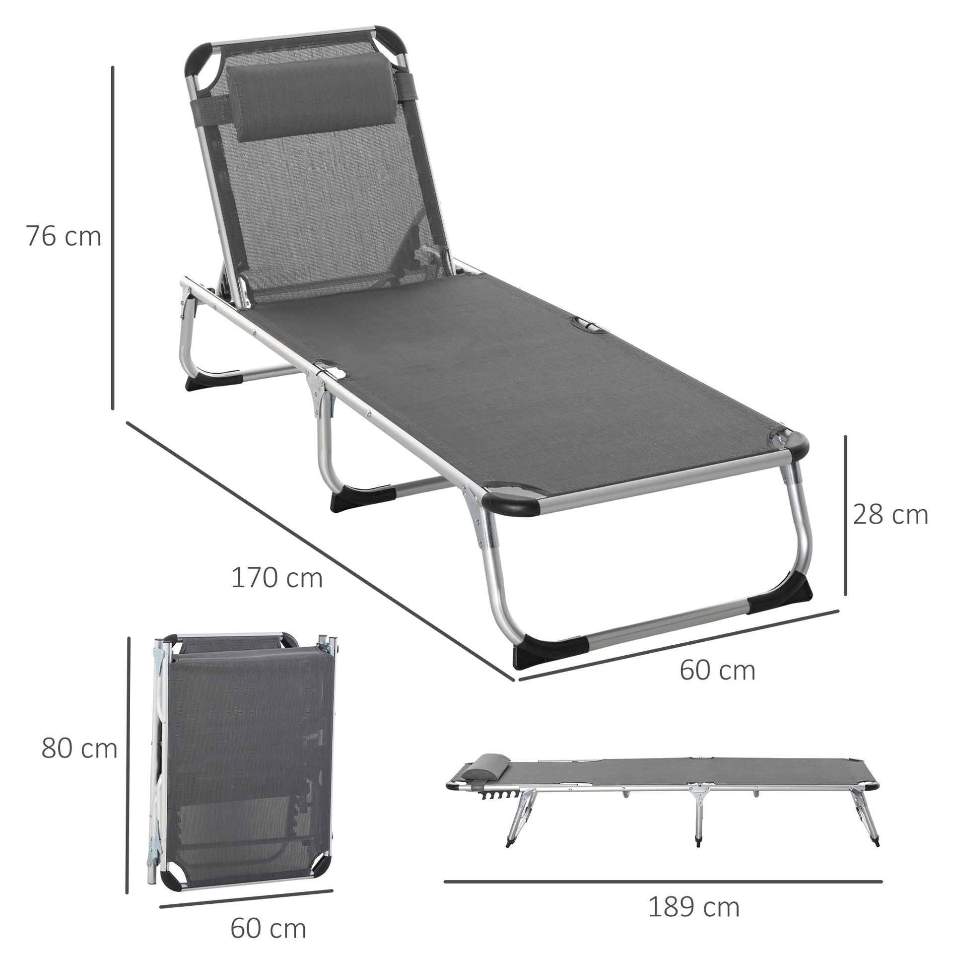 Nancy's Devil Head Garden Ligbed - Loungebed- Ligstoel - Grijs - Aluminium, Texteline - 66,92 cm x 23,62 cm x 7,67 cm