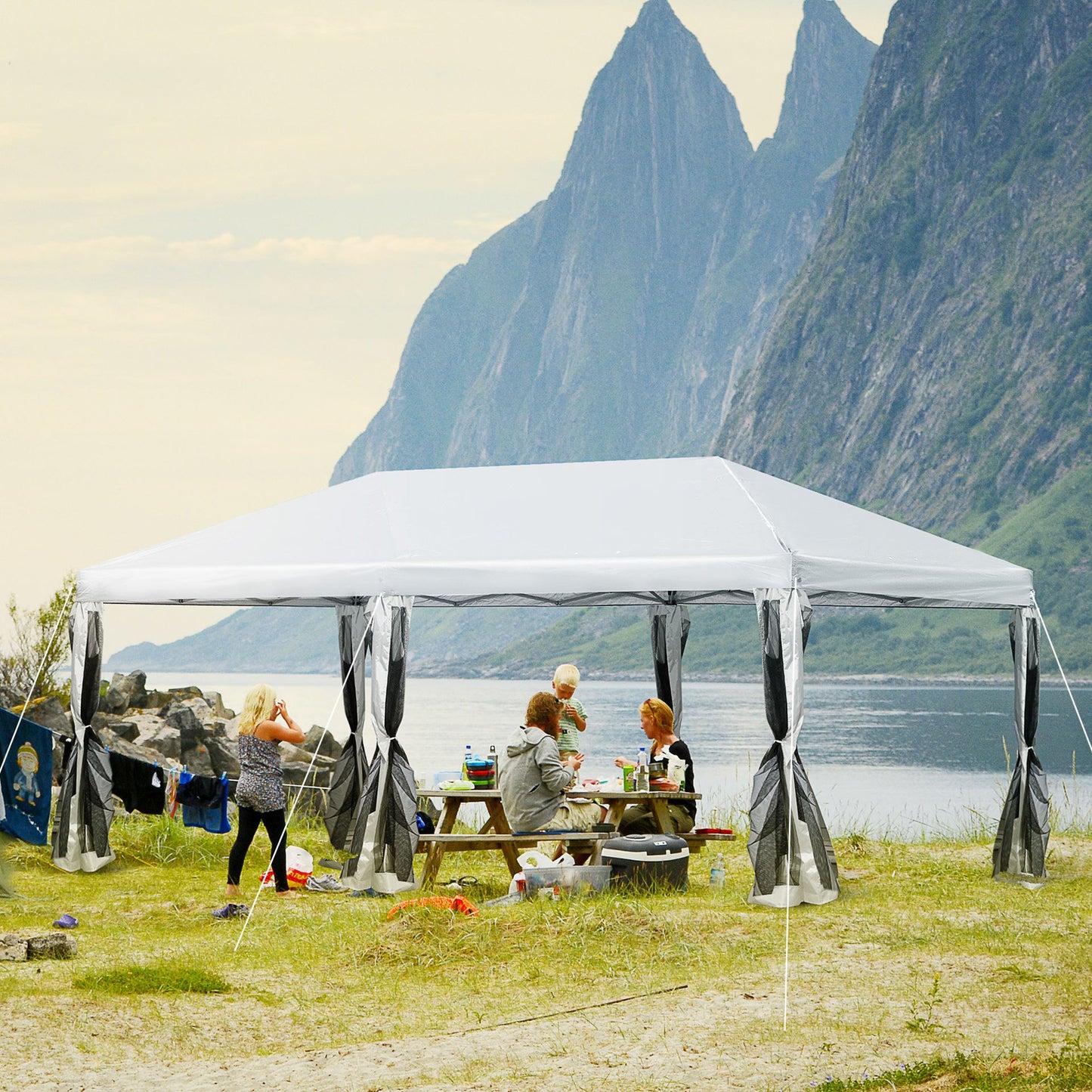 Nancy's Hen Island Gazebo de jardin pliable - pop-up - pavillon - tente de fête avec sac - blanc crème ± 600 x 300 cm