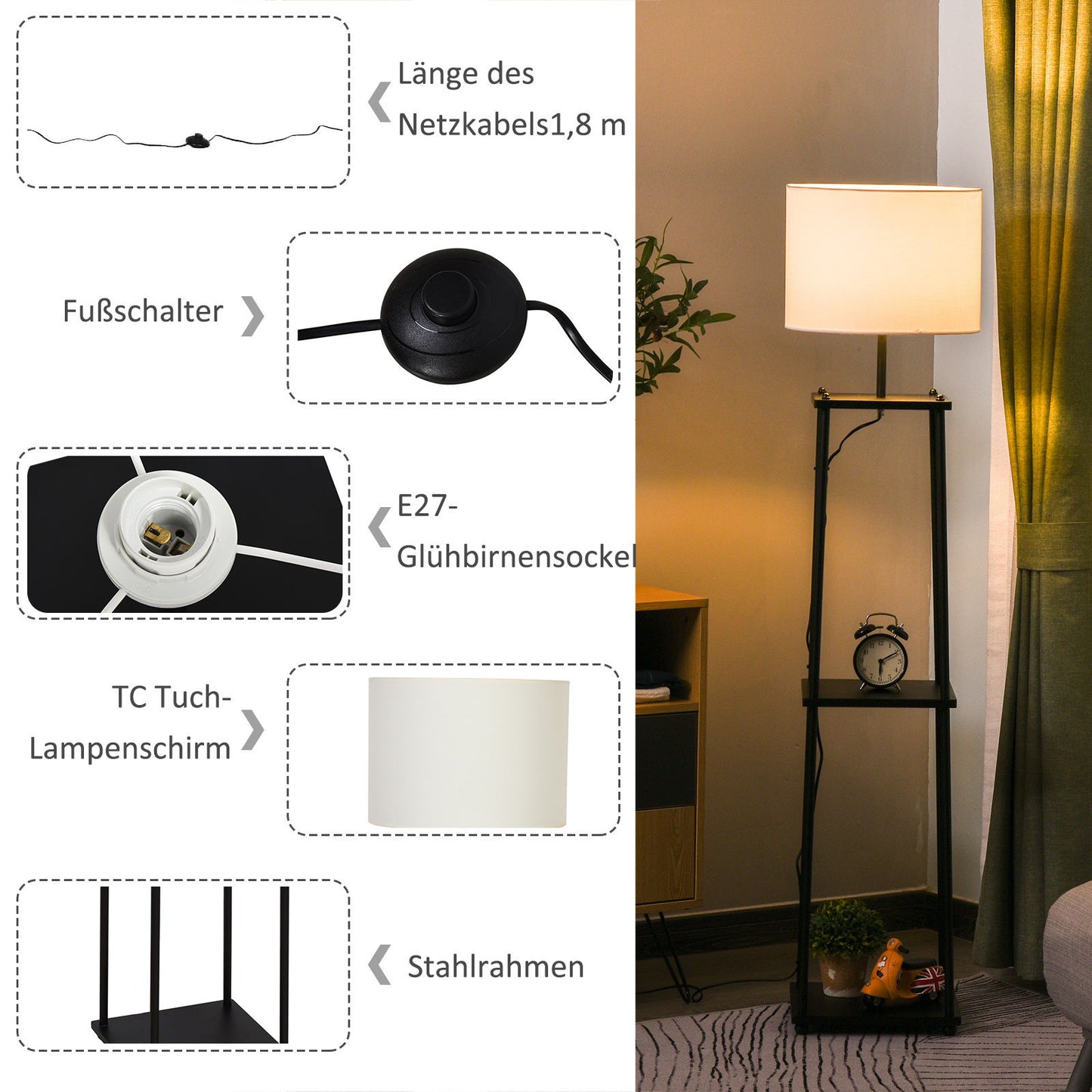 Nancy's Melrose Vloerlamp, Staande lamp Zwart + Crème wit 150 cm hoog