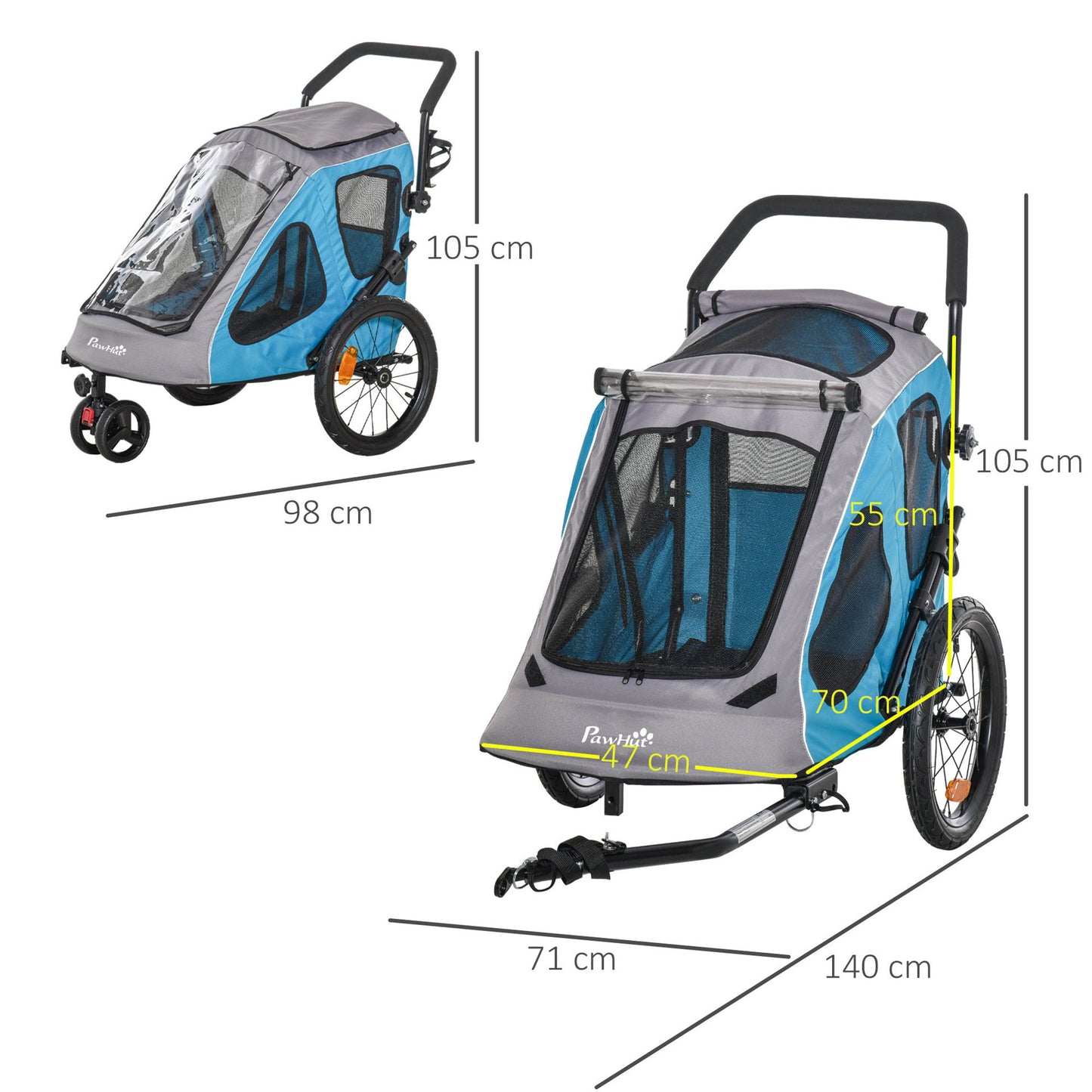 Nancy's Ada Lake Dog Bike Trailer - Blauw, Grijs, Zwart - Metaal, Oxford, Stof - 55,11 cm x 27,95 cm x 41,33 cm