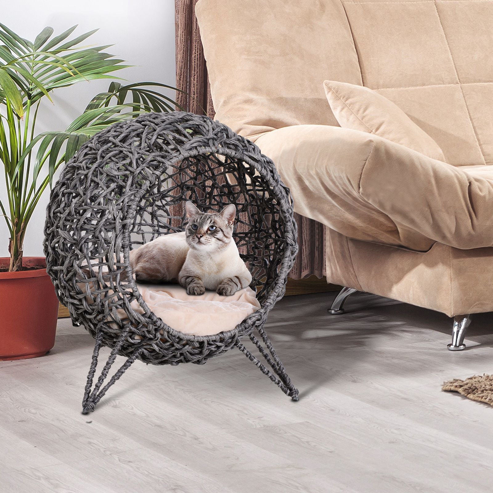 Nancy's Agnes Lake Rattan Cat House with Cushions Cat Sleeping Area Cat Cave with Raised Legs