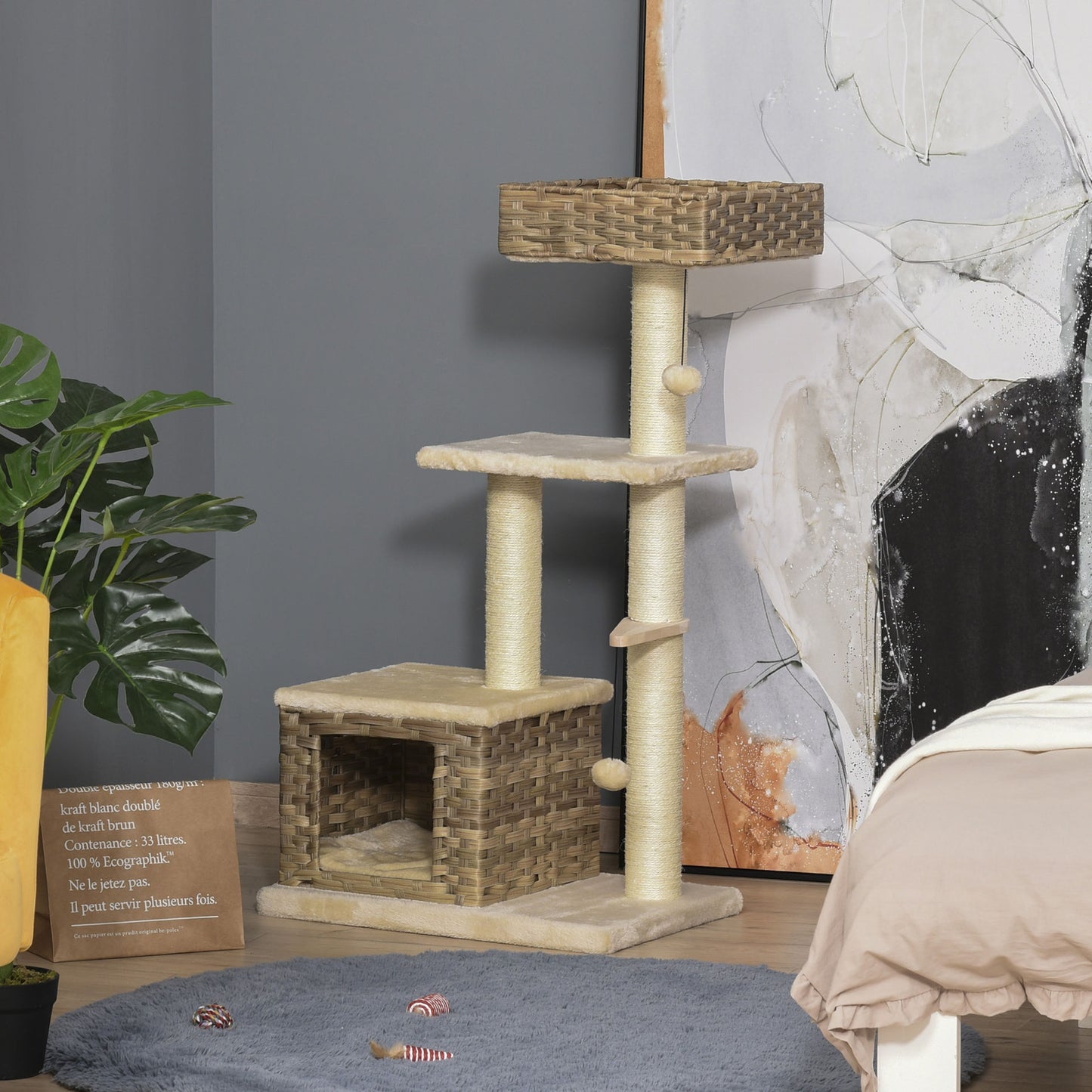 Nancy's Albee Rips kattenboom krab pos - Bruin, Beige - Gefabriceerd Hout, Pluche, Sisal - 23,62 cm x 15,74 cm x 42,91 cm