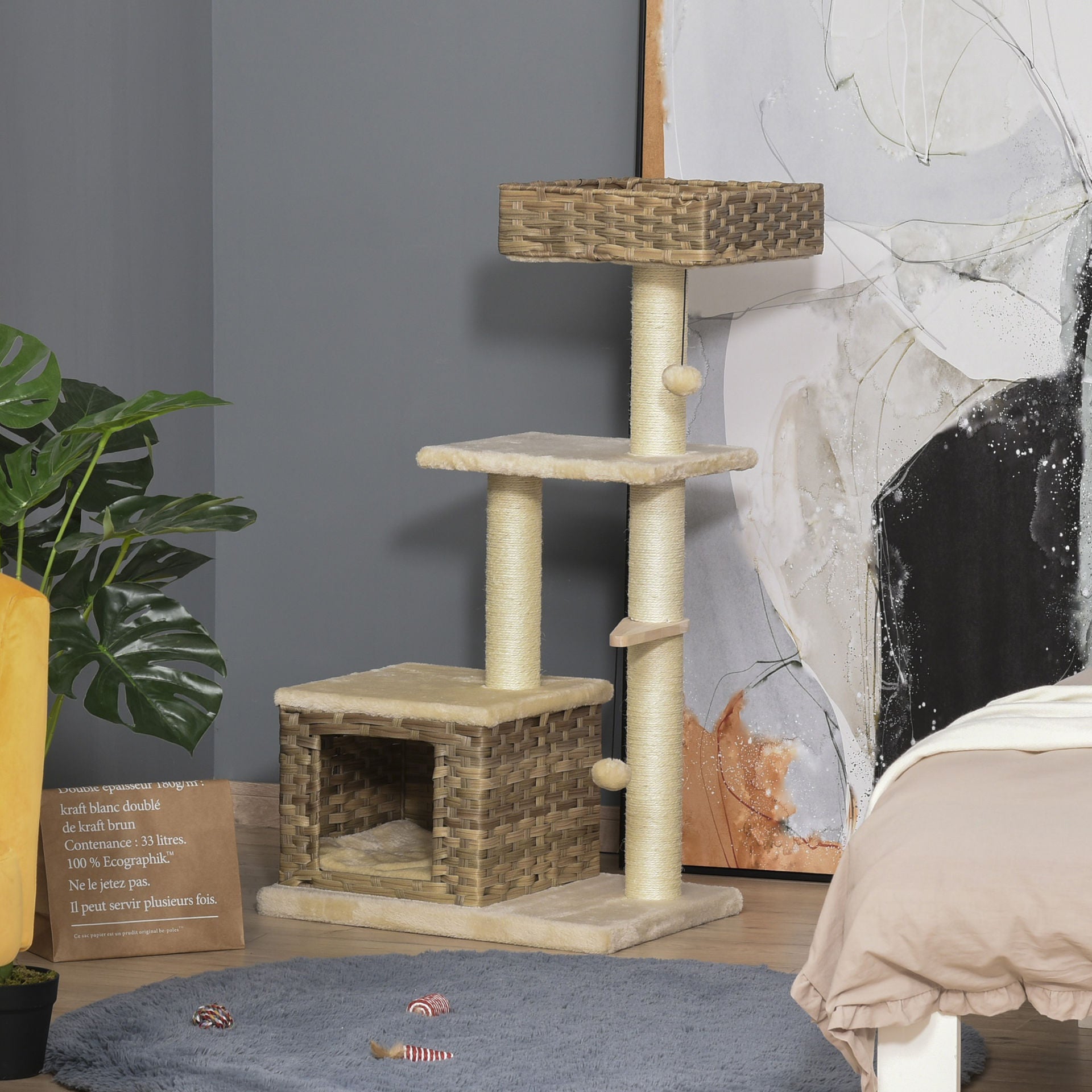 Nancy's Albee Rips kattenboom krab pos - Bruin, Beige - Gefabriceerd Hout, Pluche, Sisal - 23,62 cm x 15,74 cm x 42,91 cm