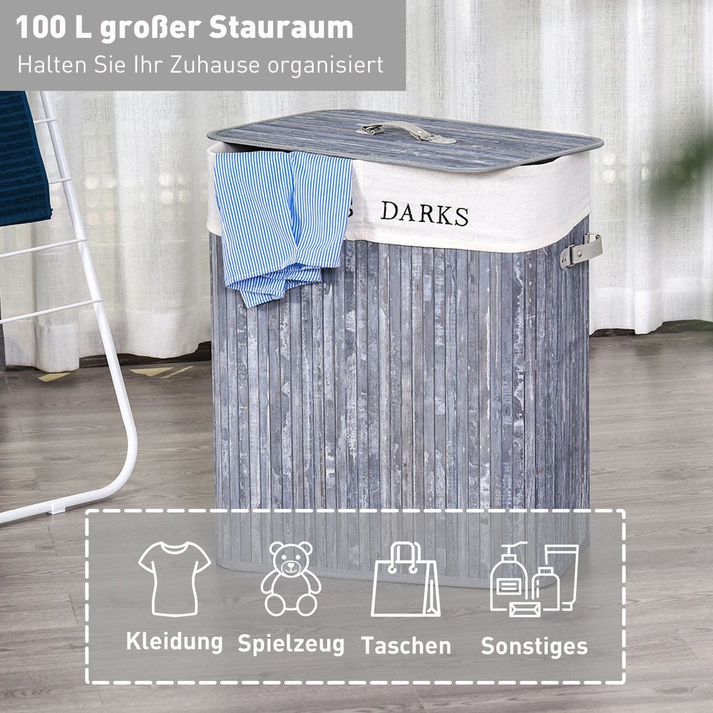 Nancy's Allenford 100L Wasmand - Grijs - Bamboe, Pu - 20,47 cm x 12,59 cm x 24,8 cm