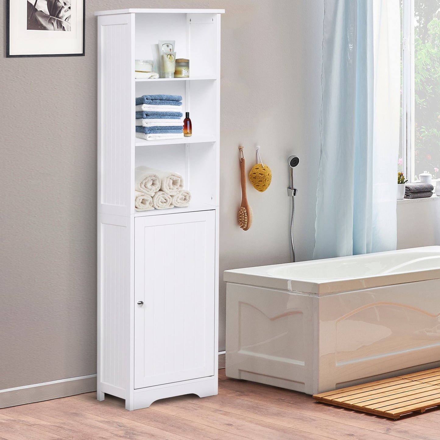 Nancy's Portsmouth Badkamerkast - Dressoir - Badkamermeubel - Staande Kast - Hoge Kast - 3 Planken - 1 Deur - 40 x 38 x 160 cm - Hout - Wit