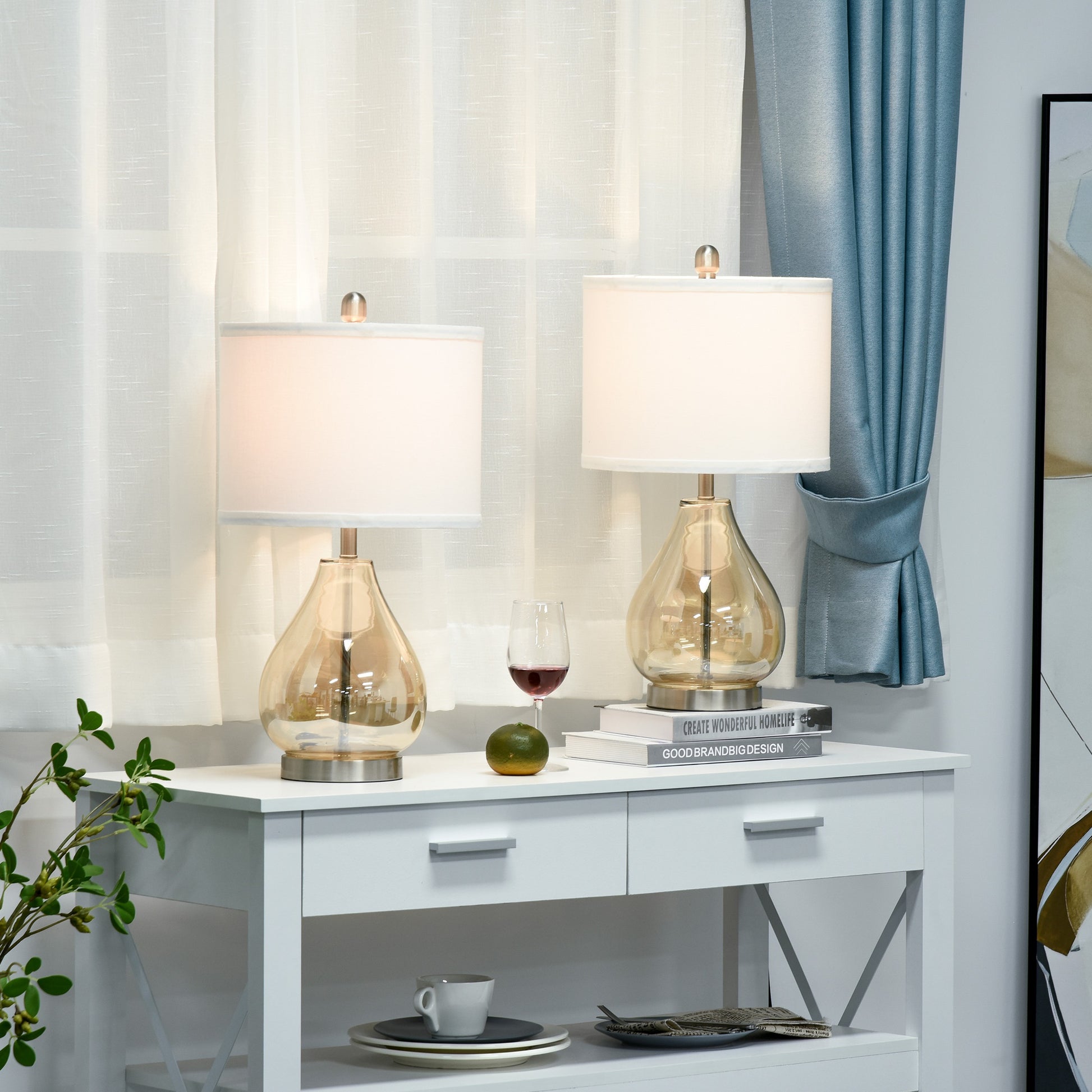 Nancy's Toele set van 2 Tafellampen - Staal/Glas/Linnen - Wit - 30 x 56 cm