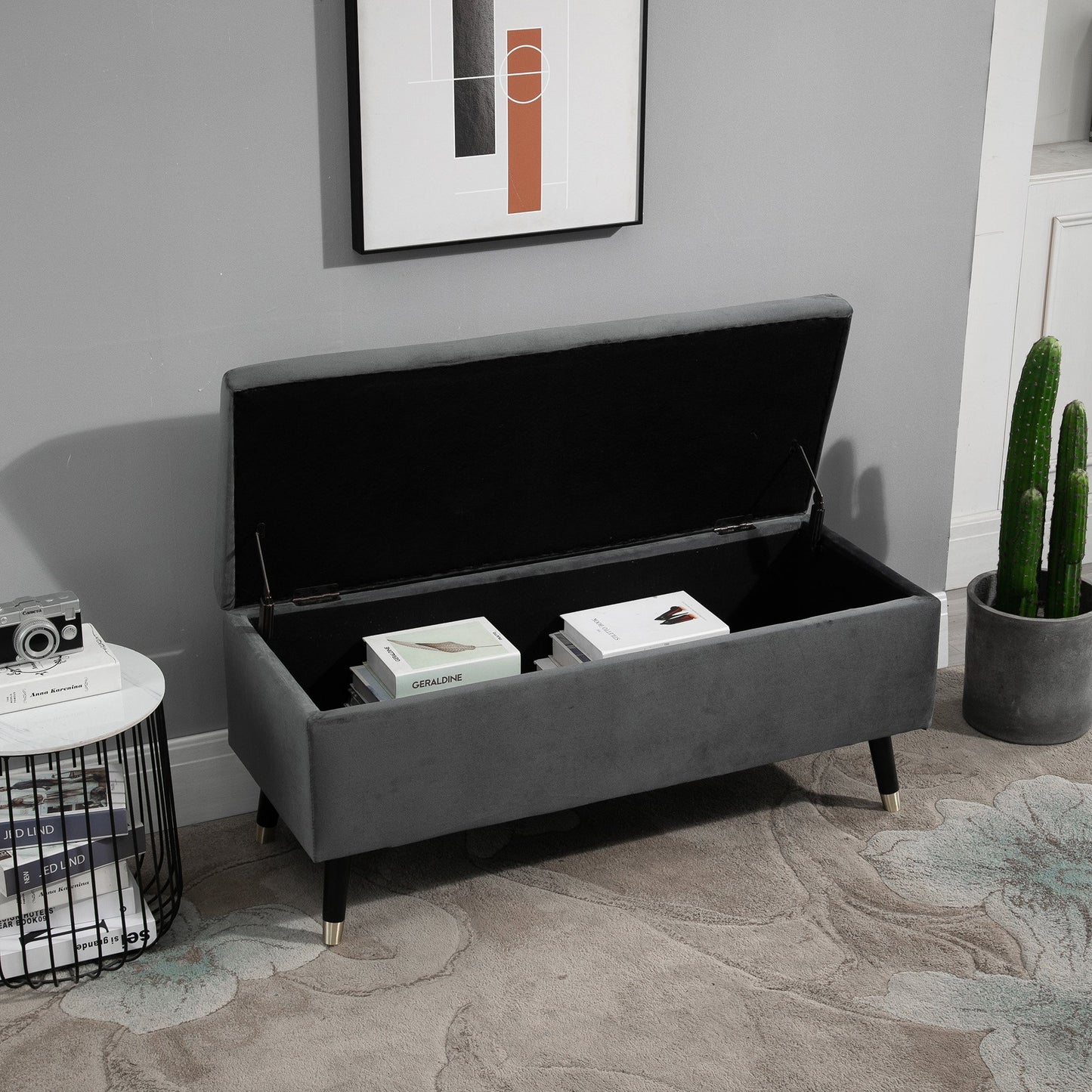 Nancy's Shreveport Opbergbank - Schoenenbank - Opbergkist - Voetenbank - Grijs - Fluweel - ± 110 x 45 x 45 cm