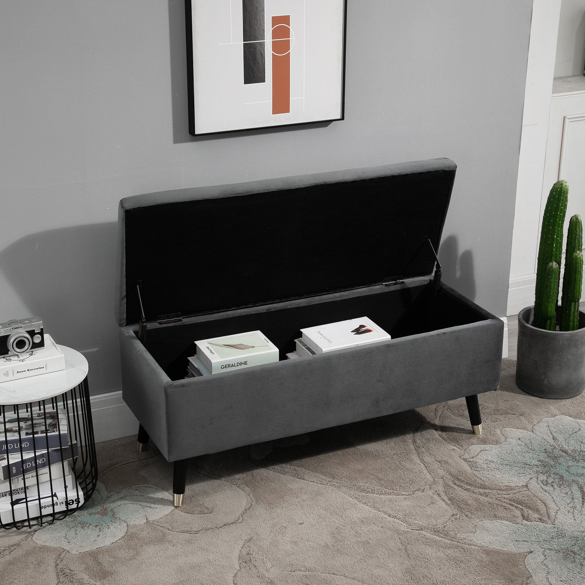 Nancy's Shreveport Opbergbank - Schoenenbank - Opbergkist - Voetenbank - Grijs - Fluweel - ± 110 x 45 x 45 cm