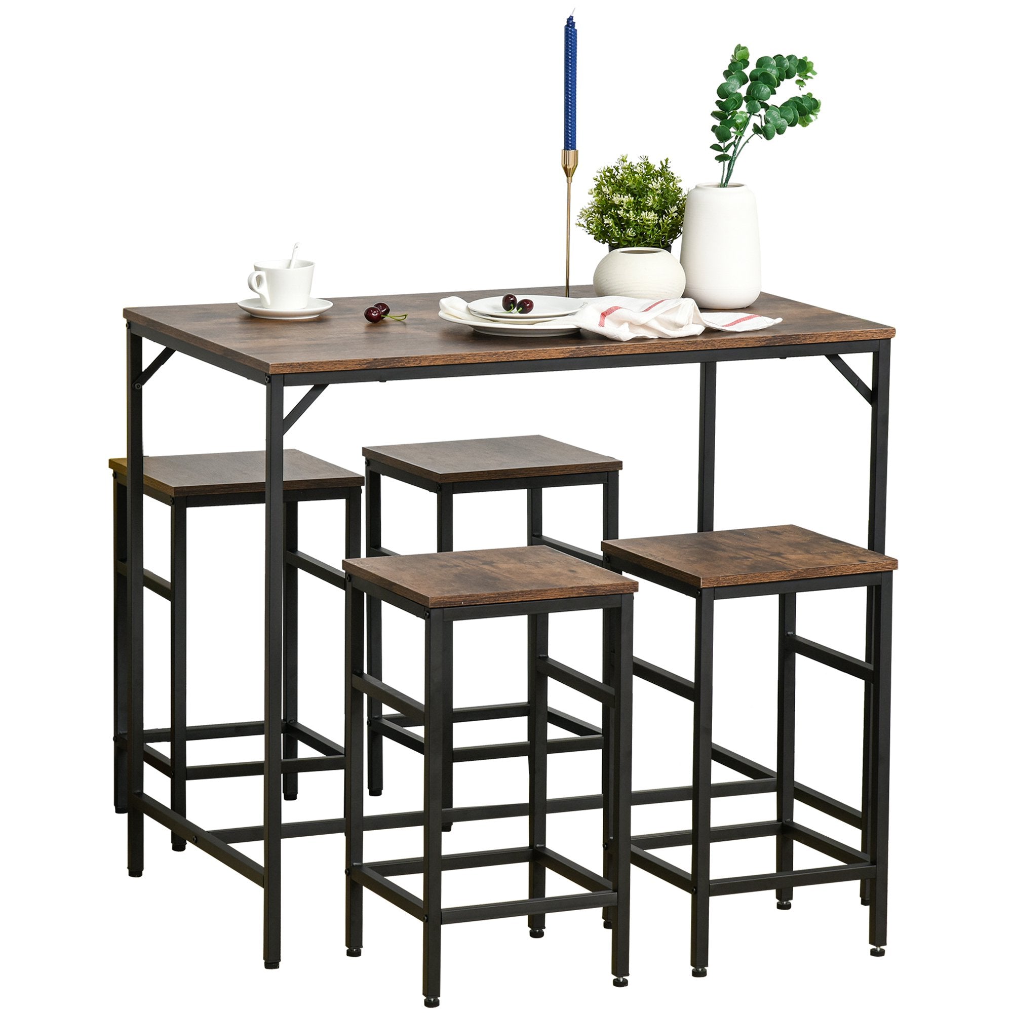 Nancy's Honaunau Bar Table Set - 4 Bar Stools - High Table - Steel - Brown - 100 x 60 x 88 cm
